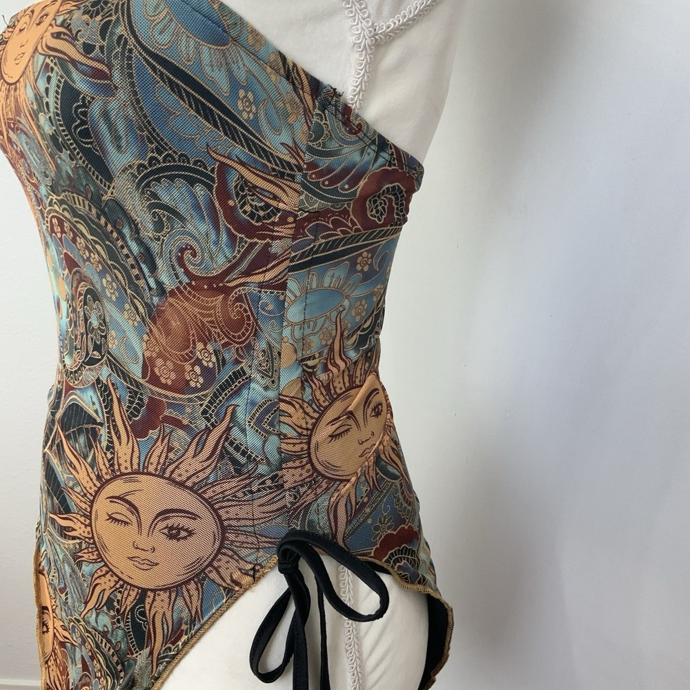 Celestial Sun Paisley Mesh Asymmetrical Ruched Tie Strapless Tube Top Y2K Small - Picture 4 of 6